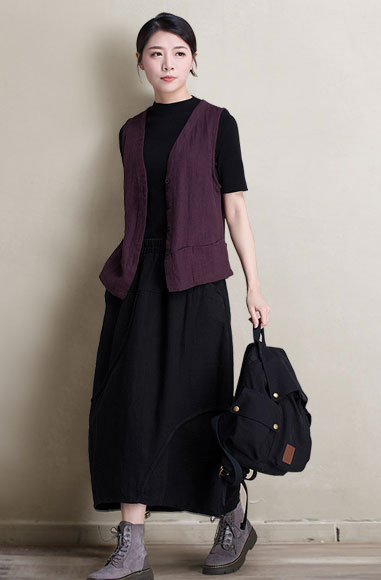 Brown Cotton Linen Maxi A-Line Skirt - High Waist Autumn Style J084-9