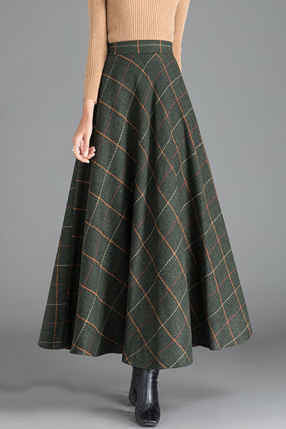 Green Plaid Wool Maxi Skirt – High Waist A-Line Winter Skirt for Women 3793