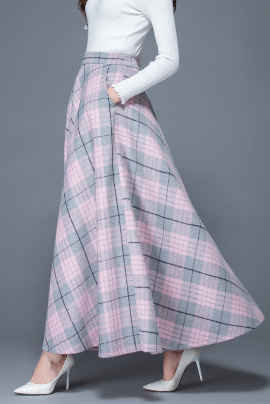 Plaid Wool Blend Maxi Skirt - A-Line Ankle Length with Pockets 3935
