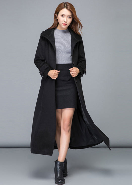 Black stand collar single breasted long wool coat 2478