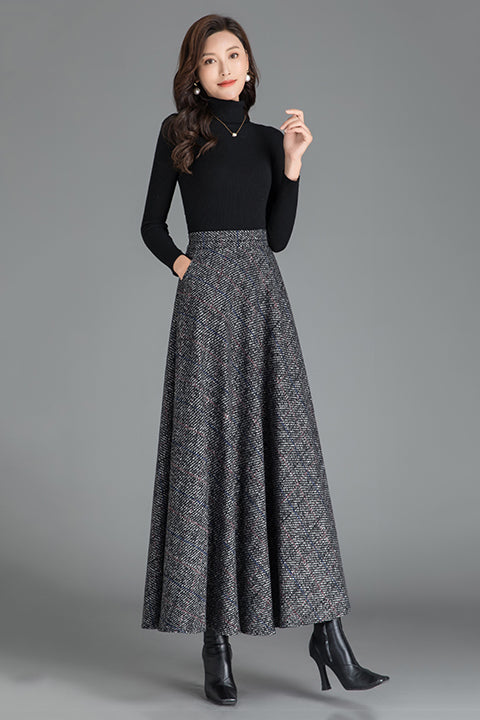 Handmade Wool Maxi Skirt – Vintage A-Line Long Winter Skirt | Xiaolizi 3787