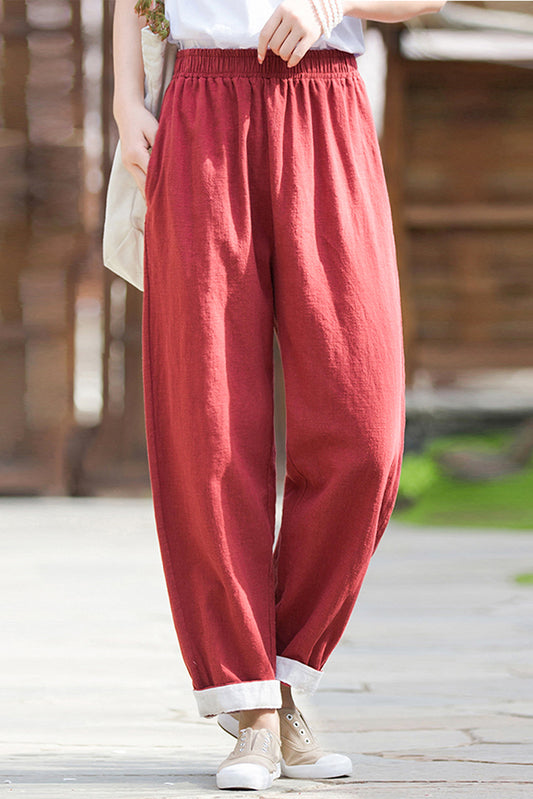 Navy Linen Blend Wide Leg Pants - Vintage Inspired Elastic Waist 3671