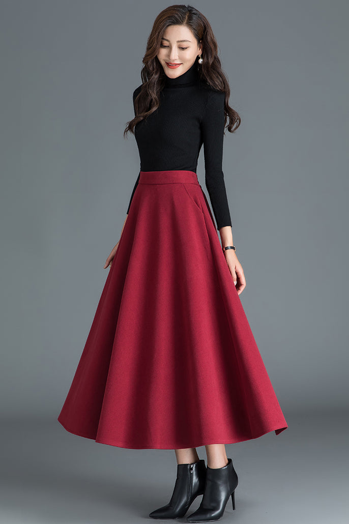 Wine Red Women Long Wool Skirt 3789