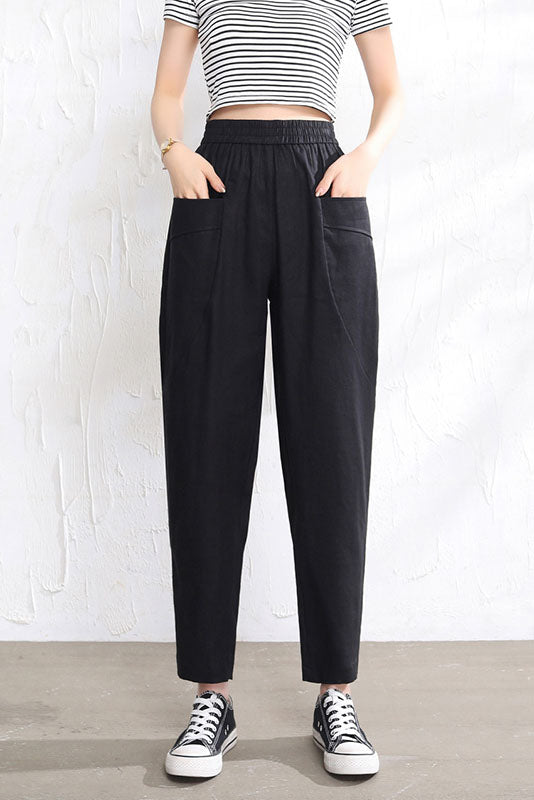 Beige Linen Pants - Elastic Waist Relaxed Fit Casual Style 3515