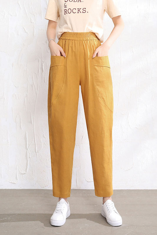Beige Linen Pants - Elastic Waist Relaxed Fit Casual Style 3515