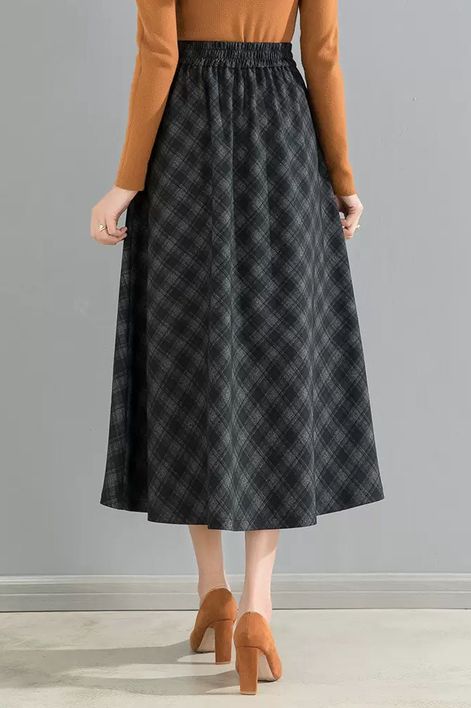 Black Plaid Cotton Blend Midi A-Line Skirt - Elastic High Waist 40