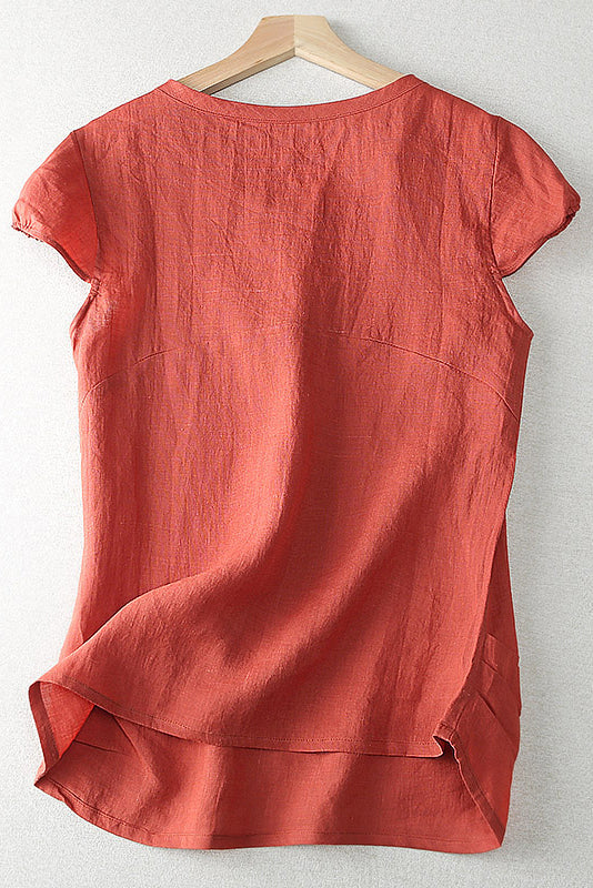 Apricot Linen Short Sleeve Top - Front Button Closure 3653