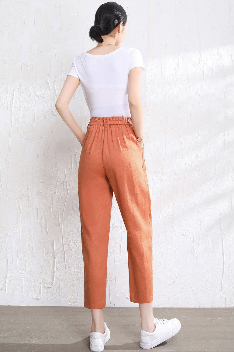 Rust Brown Linen Casual Pants - Loose Fit, Elastic Waist 3512