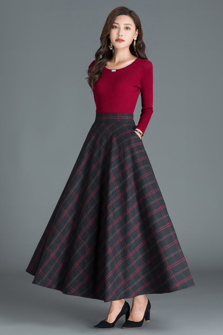 Black Red Plaid Wool Skirt - Ankle-Length Full Silhouette with Elastic Waist 3807