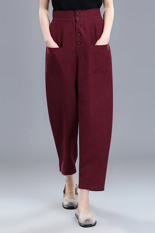 Wine Red Linen Cotton Wide Leg Pants - Vintage High Waist 3670