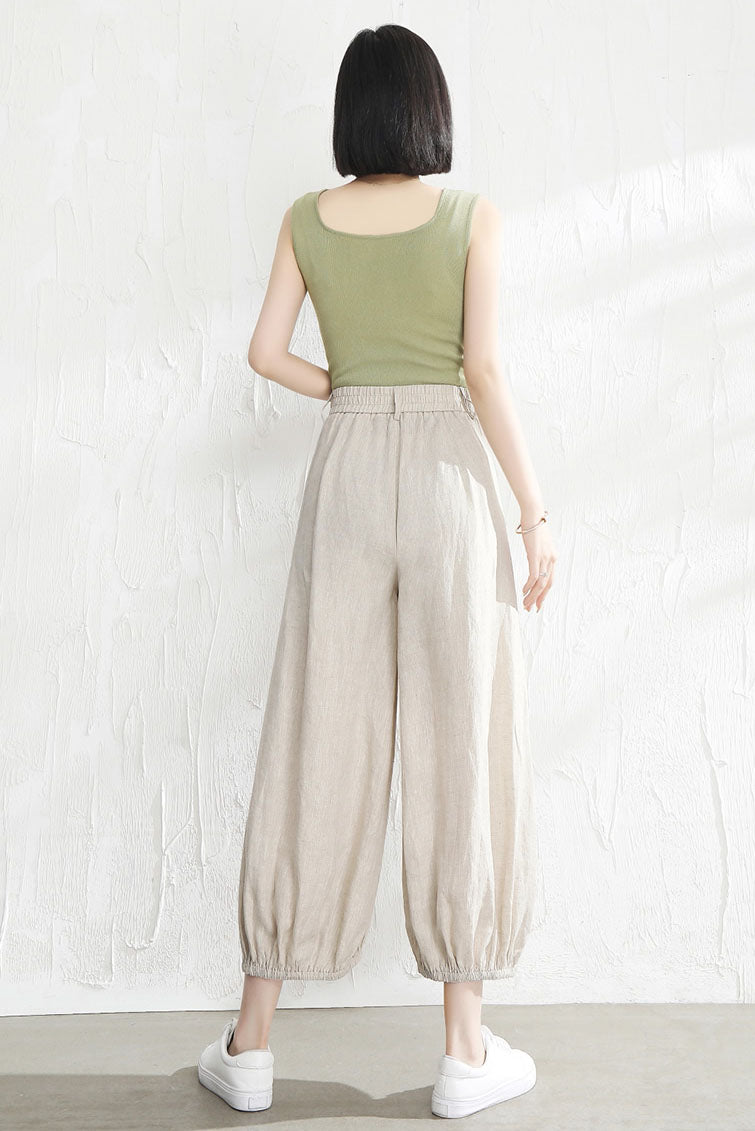 Beige Linen Wide Leg Pants - Back Elastic Waist Casual Fit 3529