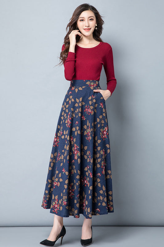 Women Floral A-Line Linen Skirt 4115