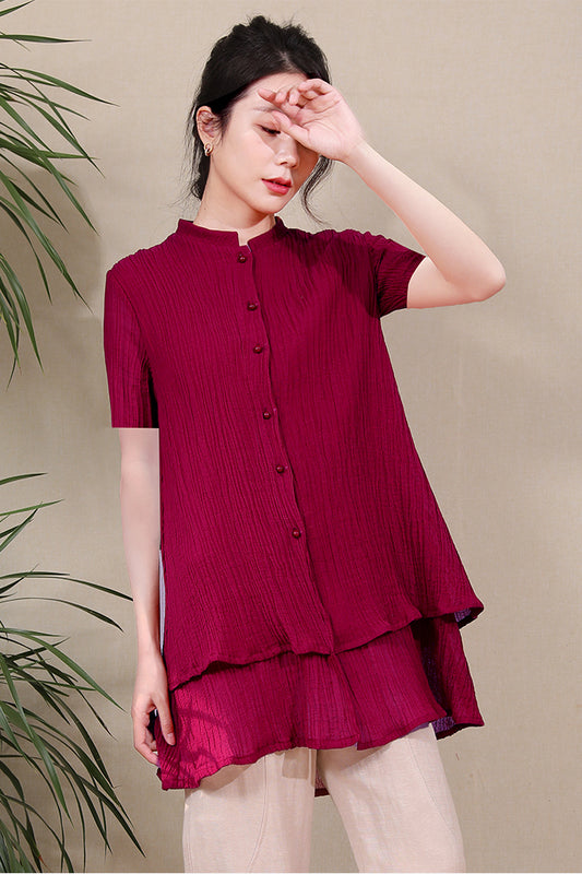 Women Wine Red Double-deck Short Sleeve Linen Shirt Tops 3679