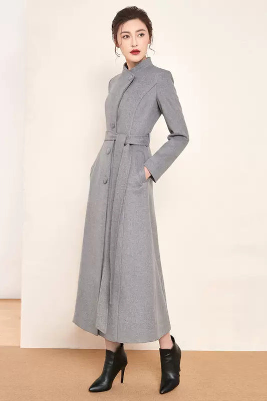 Handmade Light Gray Wool Coat – Elegant High Neck Belted Long Overcoat | Xiaolizi 3983