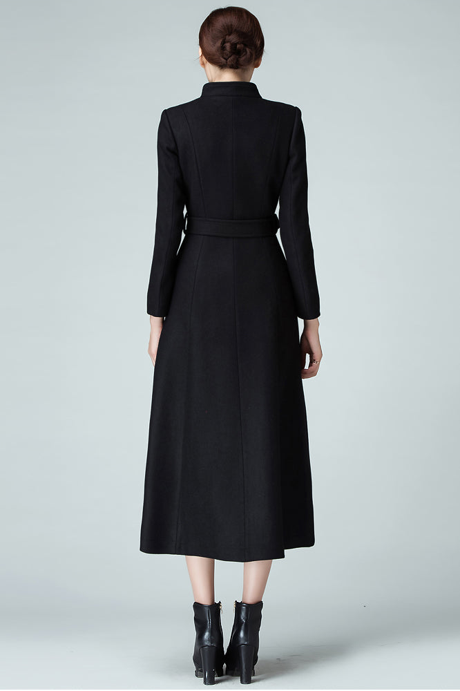 Handmade Burgundy Wool Coat – Elegant High Neck Belted Long Overcoat | Xiaolizi 3986