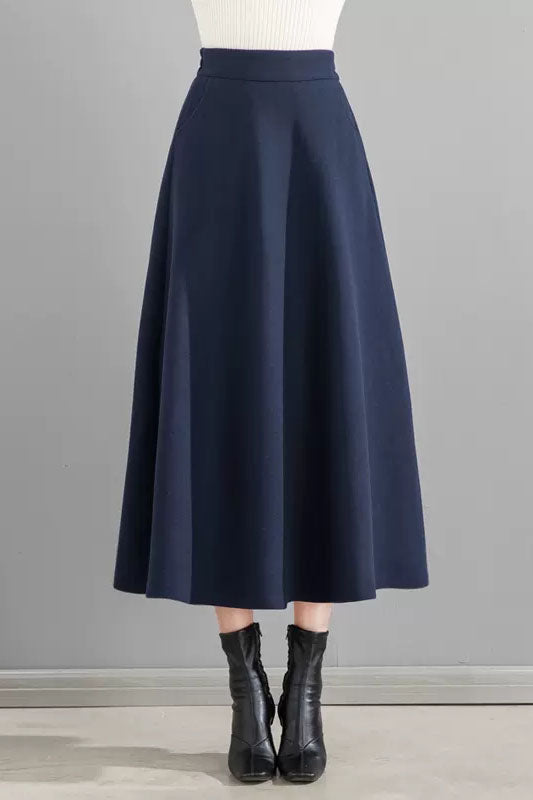 Brown Cotton Blend Midi Skirt - A-Line Swing with Back Elastic Waist 4091