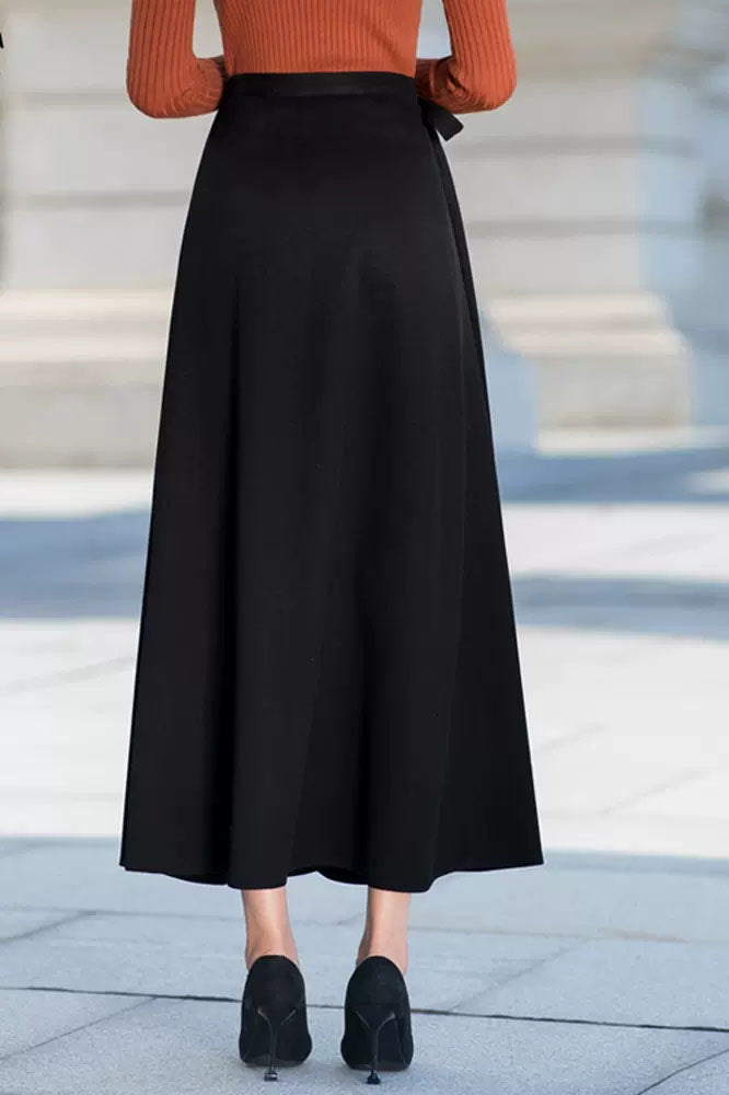 Black Cotton Blend A-Line Maxi Skirt - High Waist Wrap with Belt 40