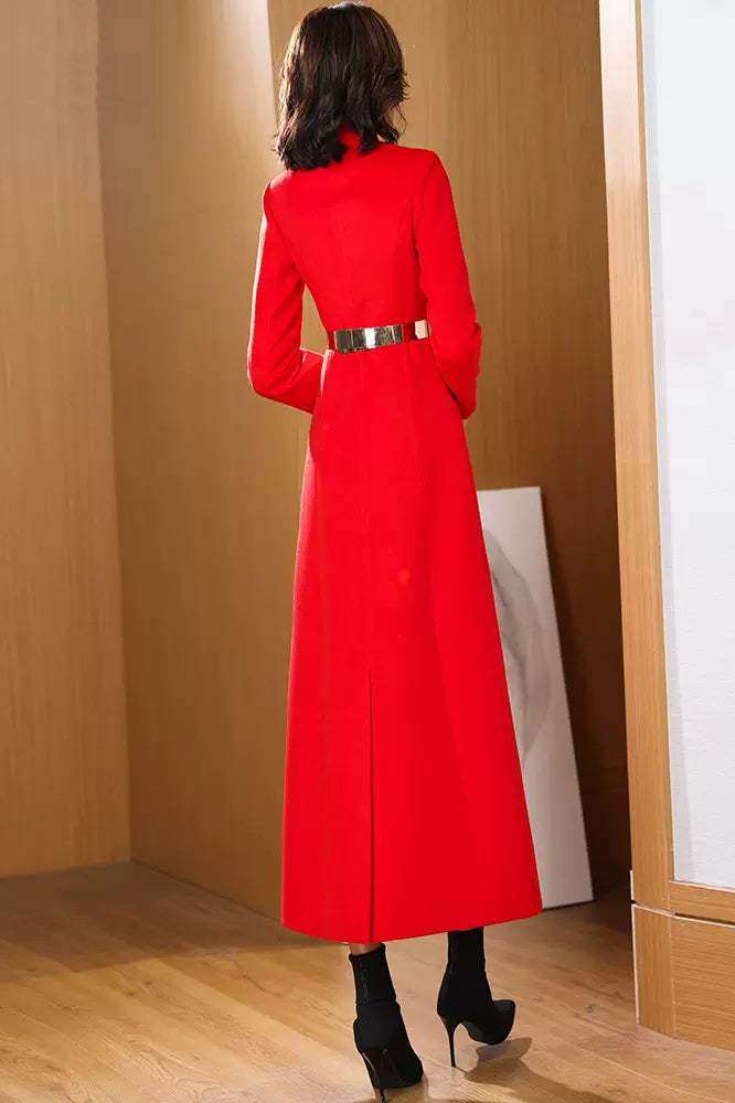 Red Wool Coat – Handmade Long Button Front Fit & Flare Winter Overcoat for Women 3972