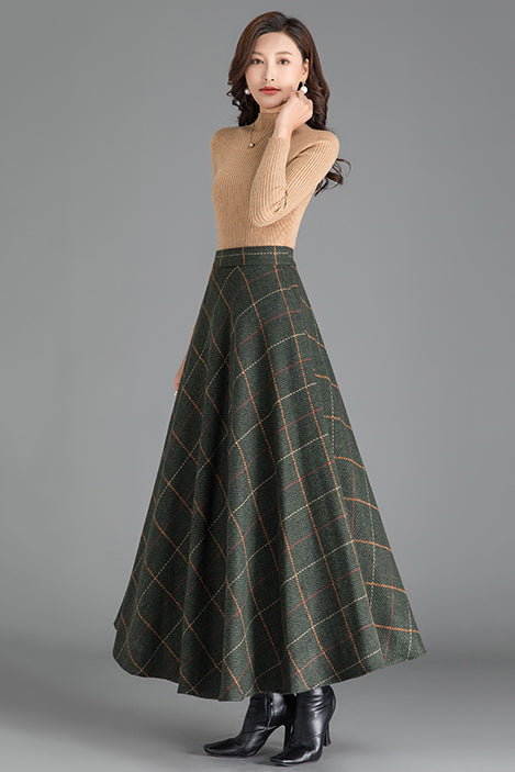 Green Plaid Wool Maxi Skirt – High Waist A-Line Winter Skirt for Women 3793