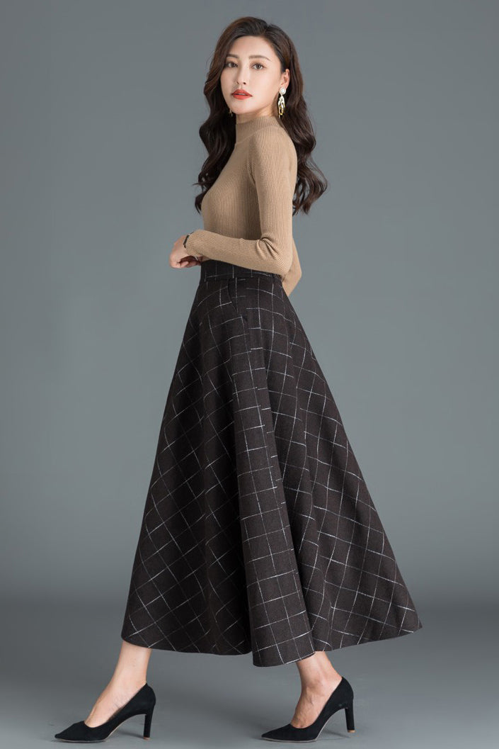 Women A-Line Plaid Long Wool Skirt 3809