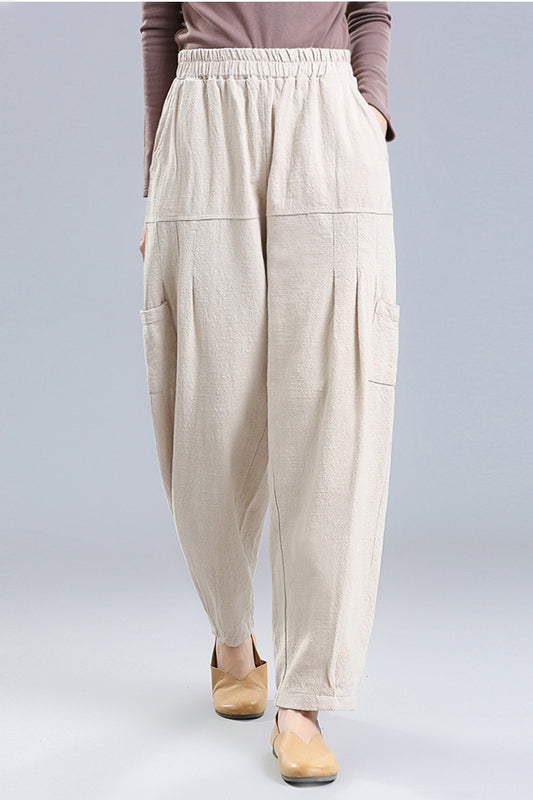 Beige Linen Wide Leg Pants - Elastic Waist, Four Pockets 3667