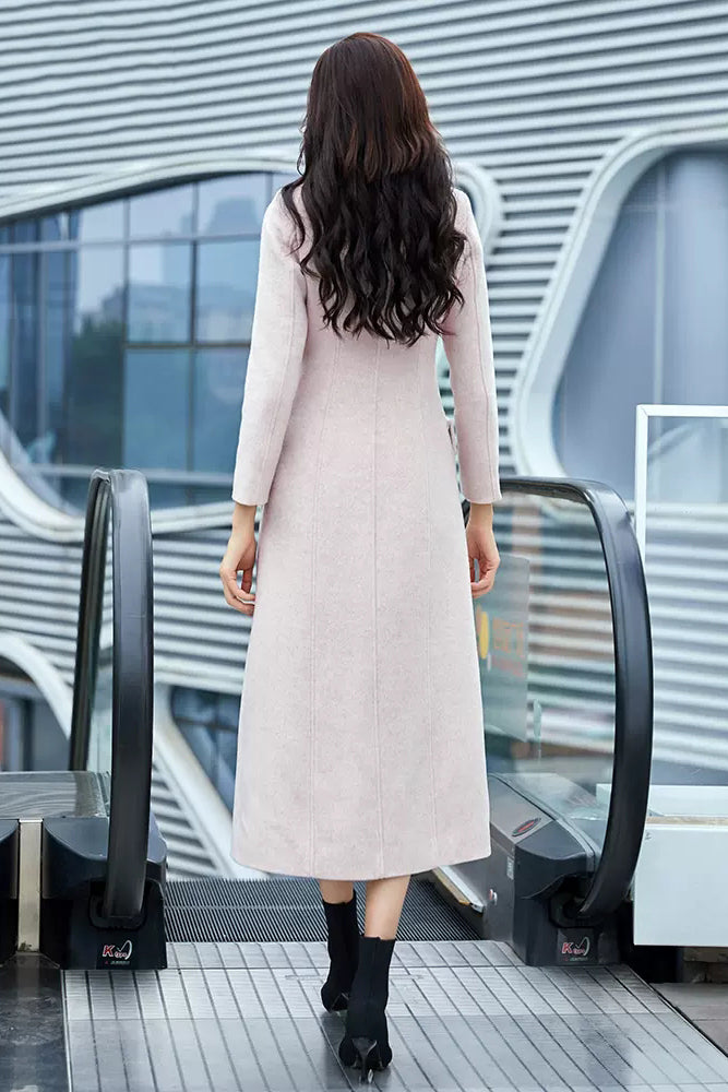 Light Pink Wool Coat – Handmade Long Slim Fit Winter Overcoat for Women 3977