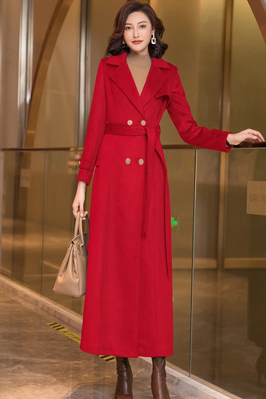 Black Wool Coat – Long Double Breasted Belted Winter Overcoat for Women 3970