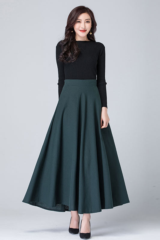 Dark Green Linen A-Line Maxi Skirt - High Waist with Side Pockets 4114