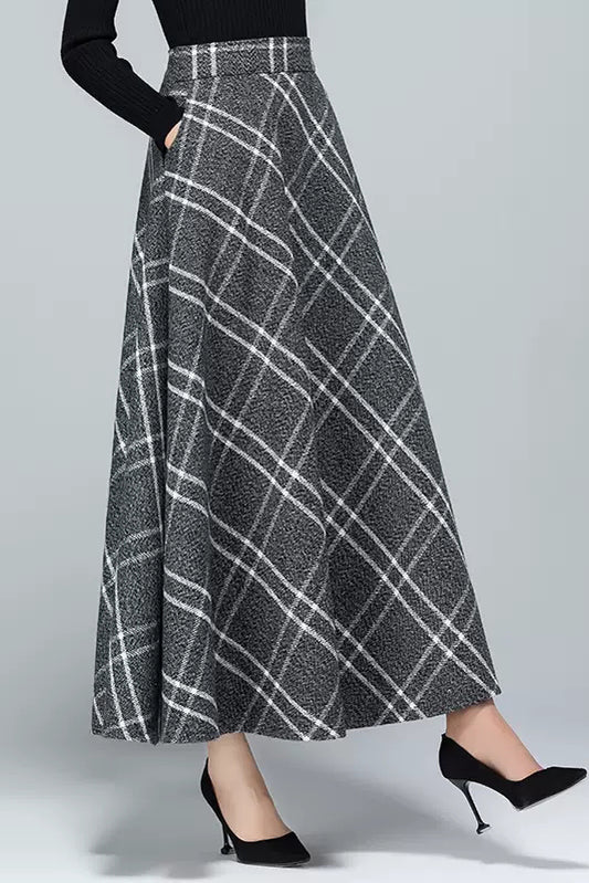 Autumn Gray Plaid Wool Skirt 3953