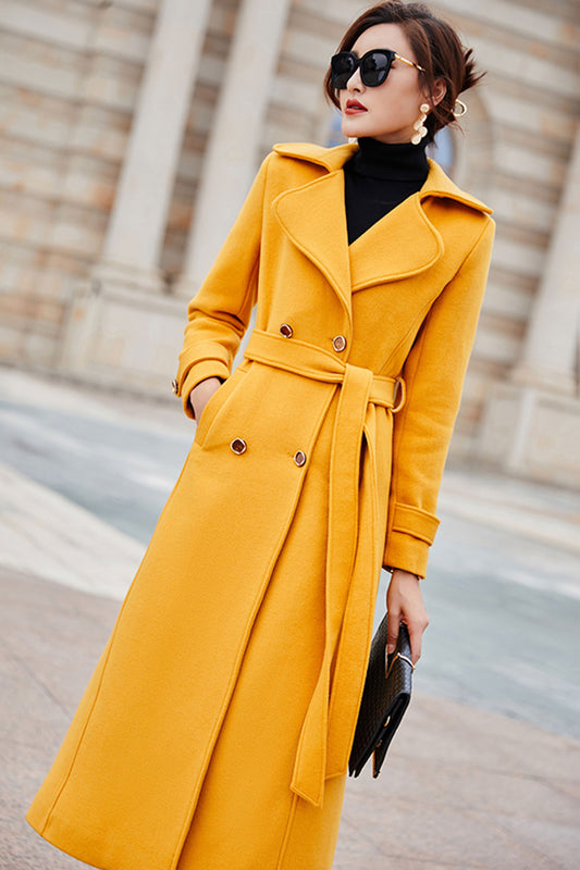 Handmade Yellow Wool Coat – Double-Breasted Long Winter Overcoat | Xiaolizi 3192