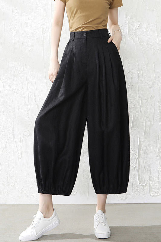 Beige Linen Wide Leg Pants - Back Elastic Waist Casual Fit 3529