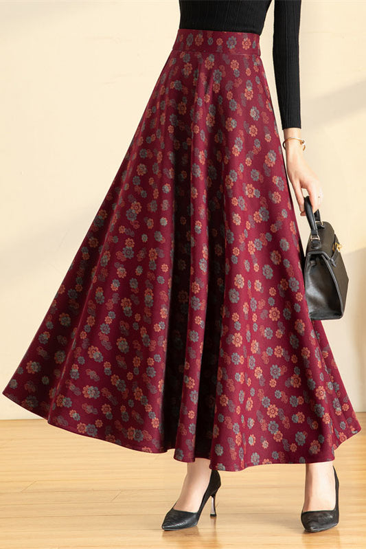 Wine Red Floral Maxi Skirt 4121