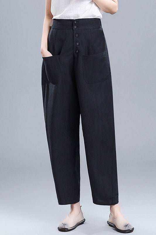 Wine Red Linen Cotton Wide Leg Pants - Vintage High Waist 3670