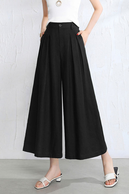 Women’s Linen Palazzo Pants – Casual Wide Leg Pants with Pockets, Plus Size 3524