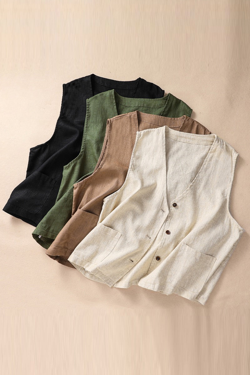 Beige Linen Cotton Vest - Vintage Inspired V-Neck Sleeveless 3645