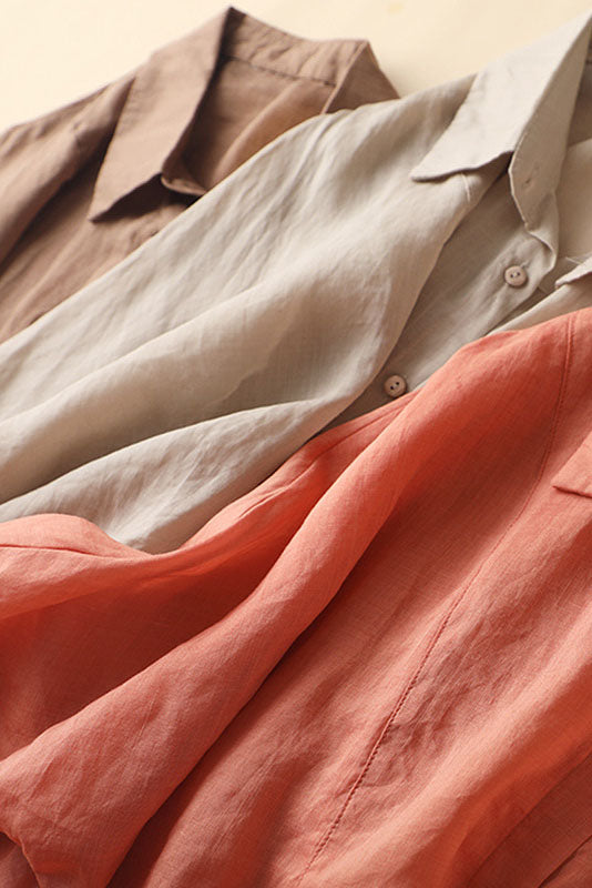 Apricot Linen Shirt Top - Loose Fit 3/4 Sleeve | Xiaolizi 3601