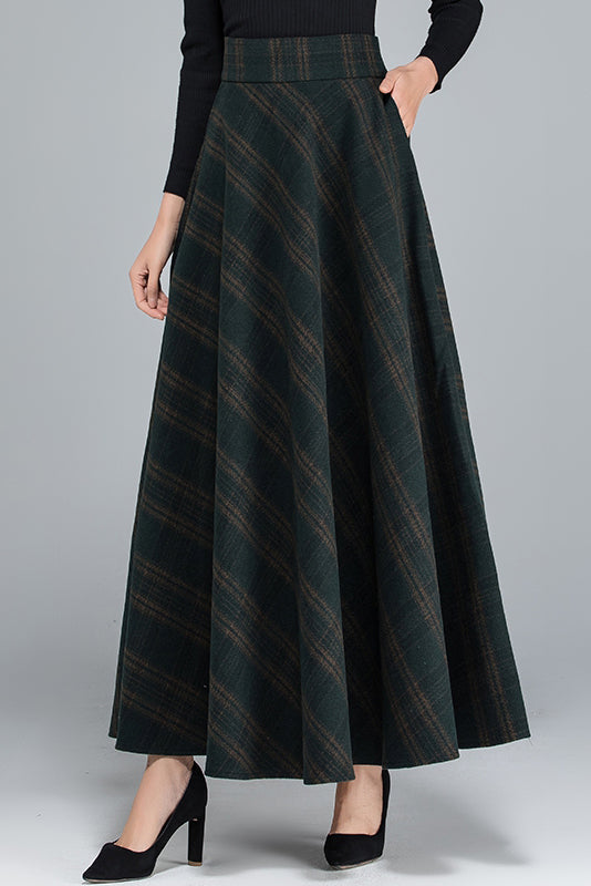 Plaid Wool A-Line Maxi Skirt - Elastic Waist, Side Pockets 3932