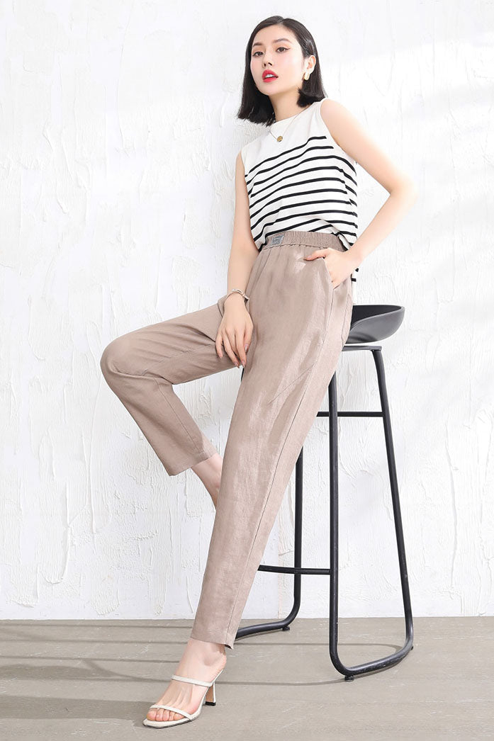 Summer Women Elastic Waist Long Linen Pants 3513