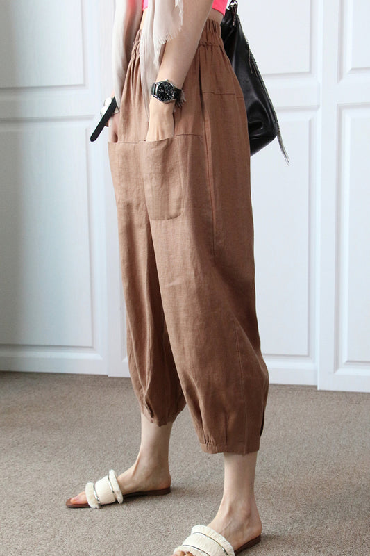 Brown Linen Wide Leg Cropped Pants - Elastic Waist, Front Pockets 3507