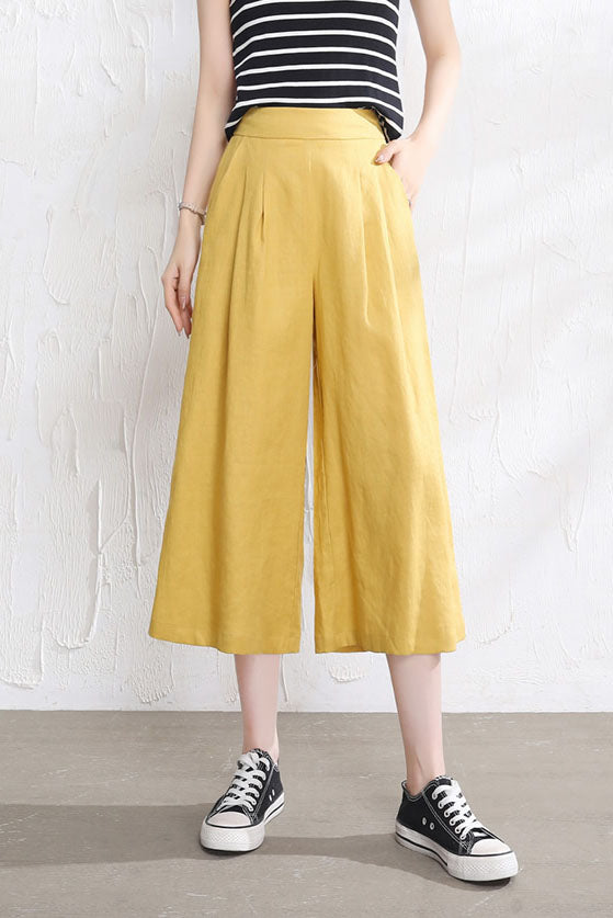 Yellow Linen Wide Leg Pants - Back Elastic Waist, Front Pockets 3523