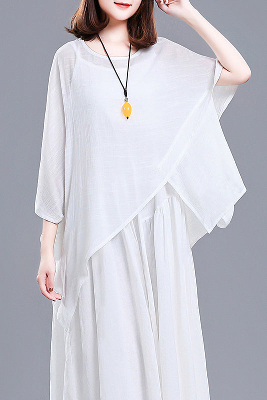 Casual Summer Round Neck Asymmetrical Linen Tops 3675