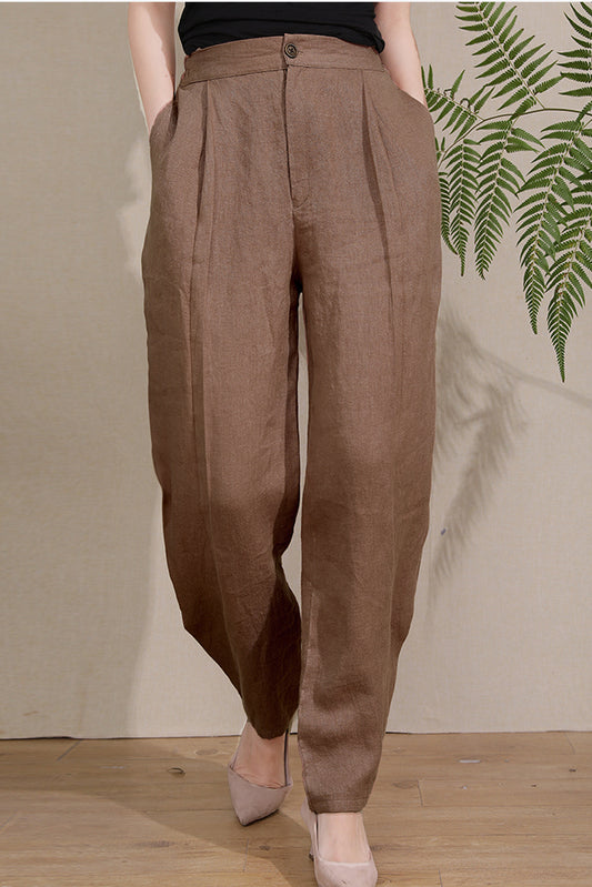 Brown Linen Wide Leg Pants - High Waist Elastic Comfort 3673
