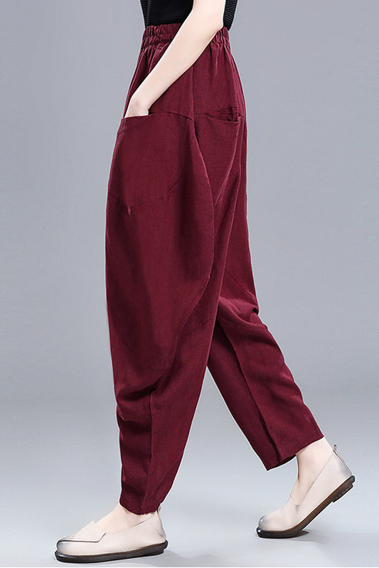 Wine Red Linen Cotton Pants - High Waist Loose Fit 3666