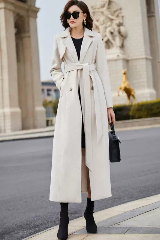 Beige Wool Coat – Handmade Long Double Breasted Belted Winter Overcoat for Women 3978