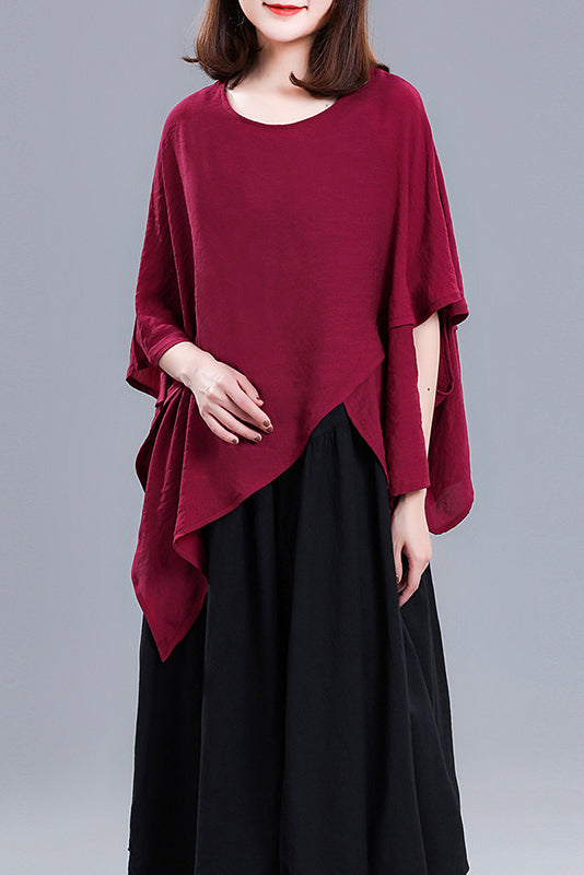 Casual Summer Round Neck Asymmetrical Linen Tops 3675