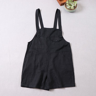 Orange Cotton Linen Overalls Shorts - Adjustable Strap, Loose Fit 2815