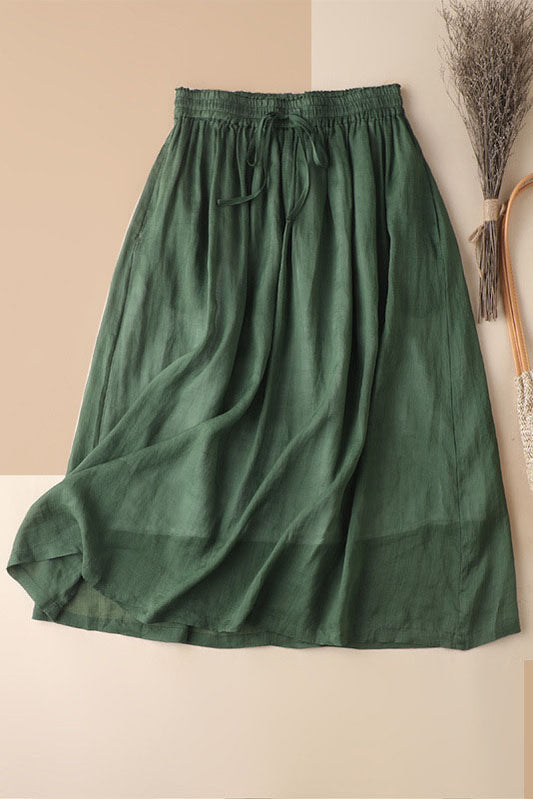 Women Elastic Waist Thin Simple A Line Linen Skirt 3593