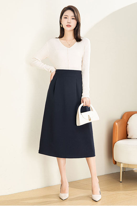 Navy Cotton Blend A-Line Midi Skirt - Elastic Waist with Back Split 40