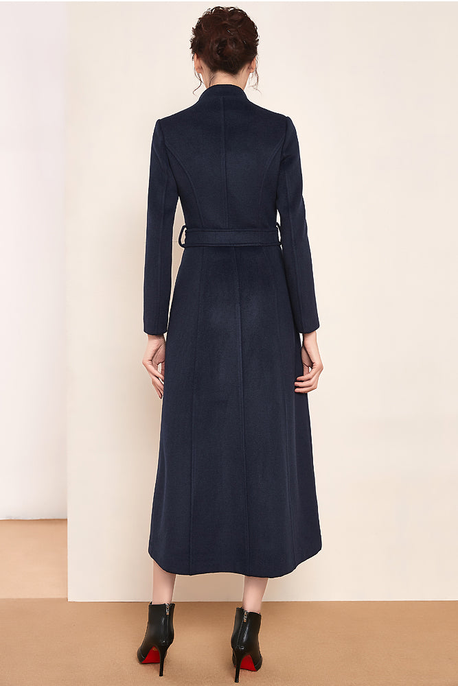 Handmade Light Gray Wool Coat – Elegant High Neck Belted Long Overcoat | Xiaolizi 3983