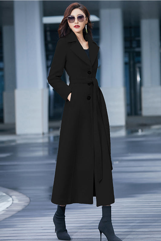 Handmade Red Wool Coat – Elegant Belted Long Fit and Flare Winter Overcoat | Xiaolizi 3984